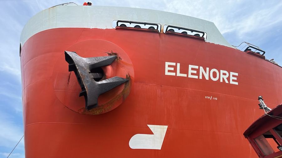 Anchor being lifted into position on vessel bow